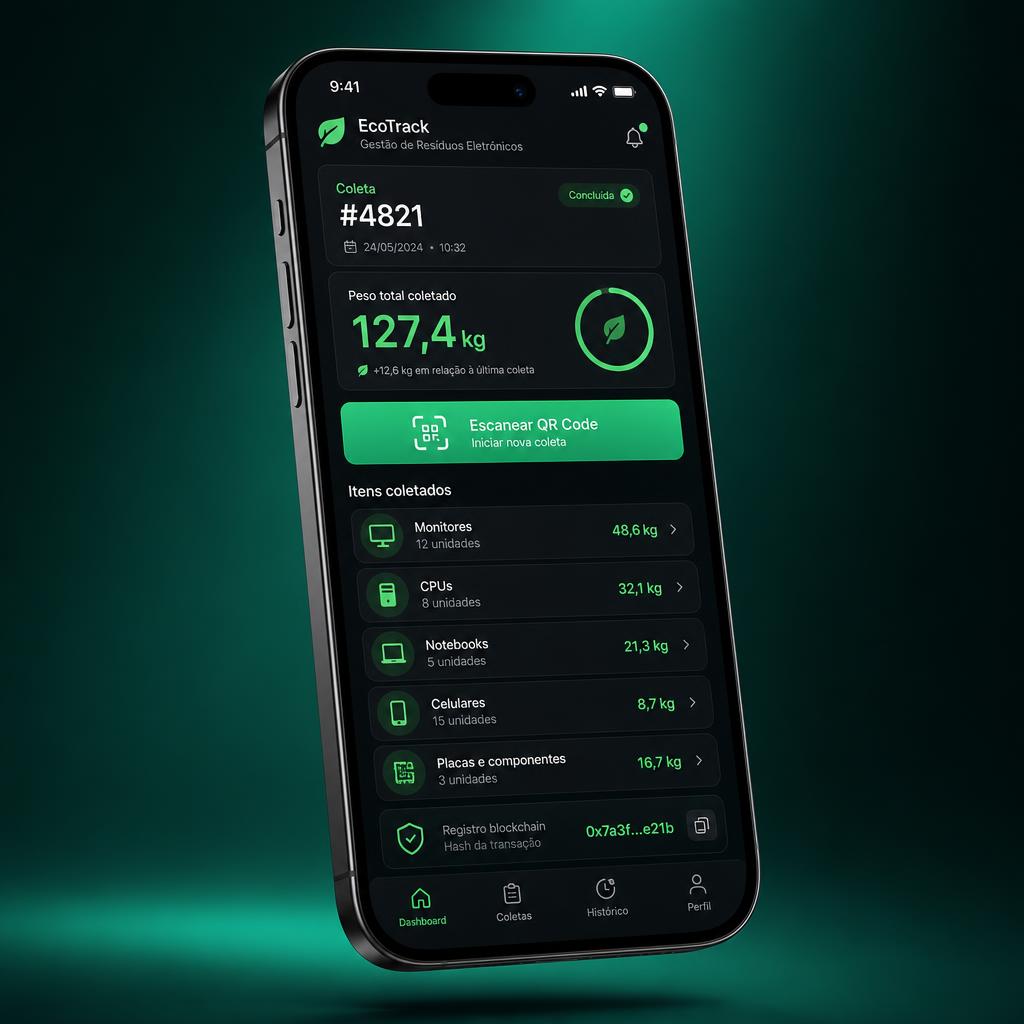 App mobile Eloop mostrando coleta de resíduos eletrônicos com peso, QR code e registro blockchain
