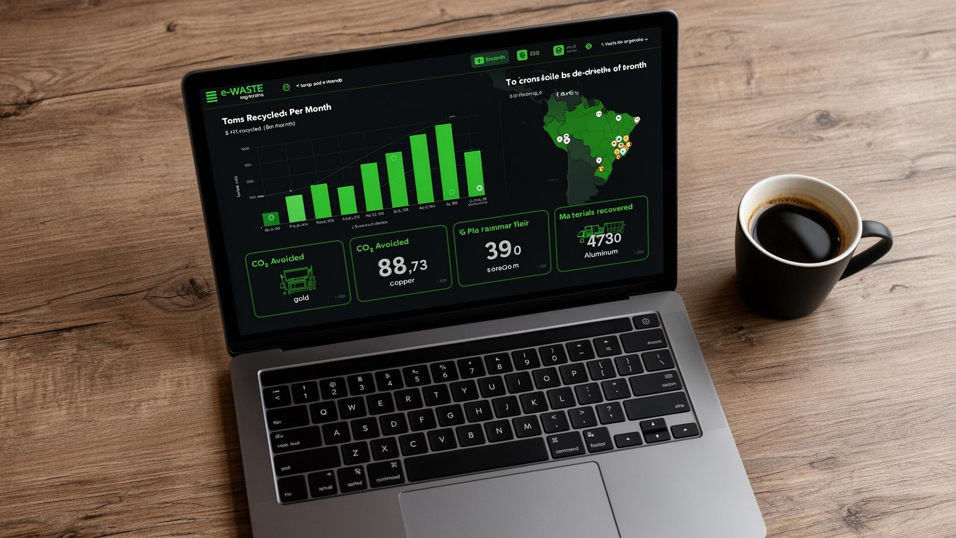 Dashboard web Eloop com KPIs ESG, mapa de pontos de coleta no Brasil e materiais recuperados