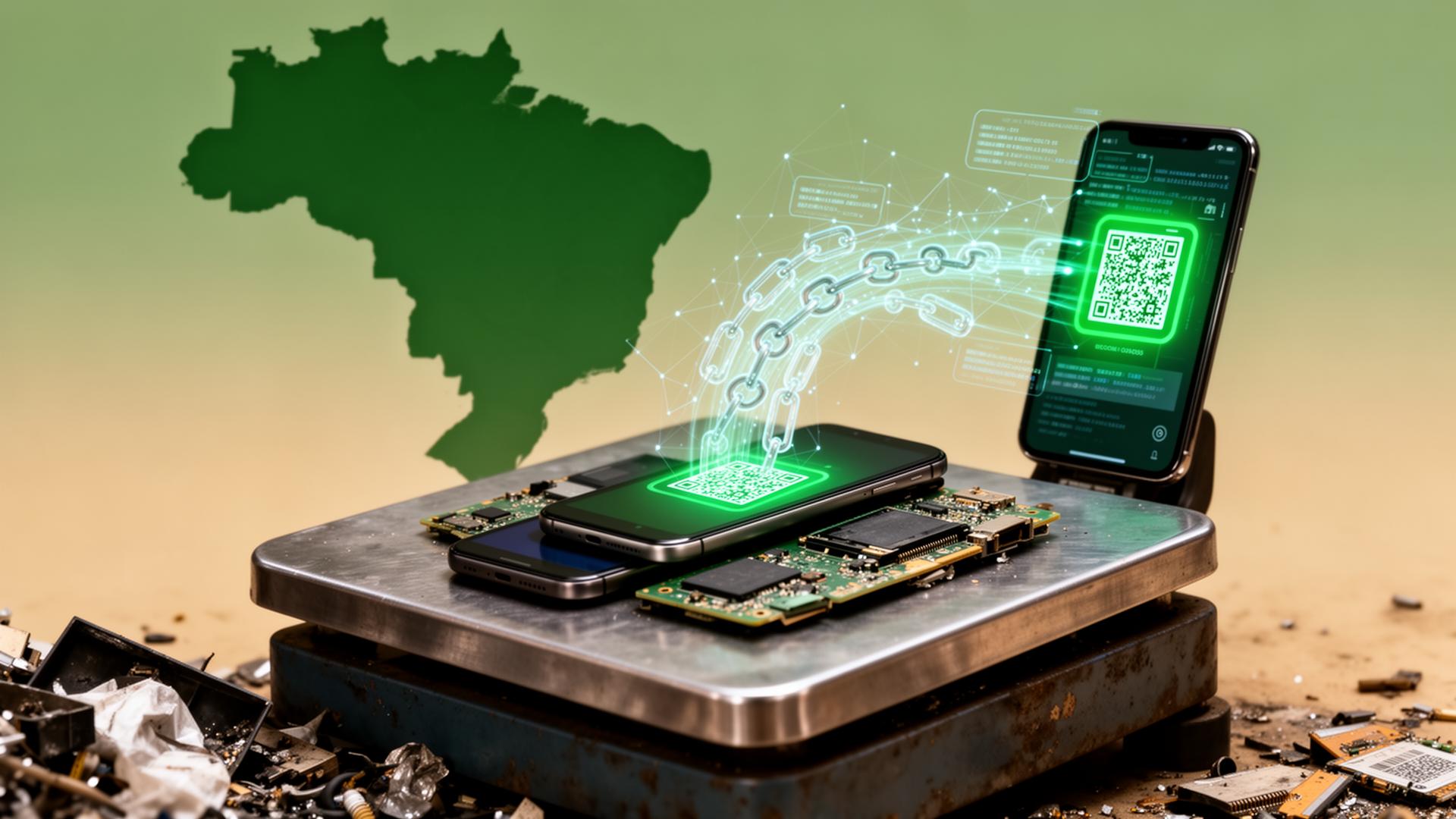 Balança industrial pesando eletroeletrônicos com QR code e registro on-chain de logística reversa no Brasil